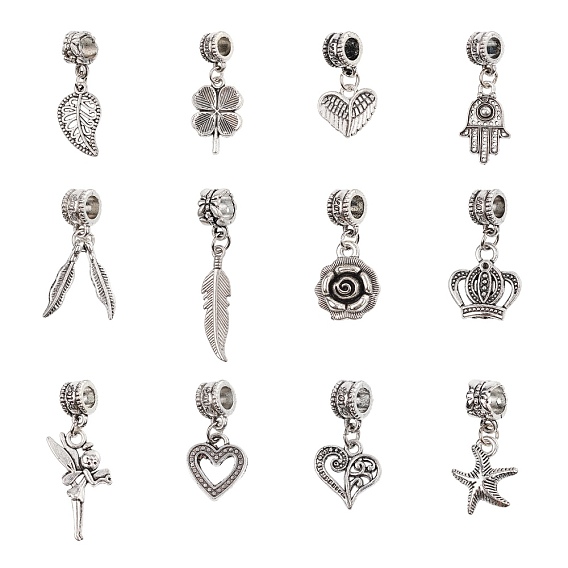 Tibetan Style Alloy European Dangle Charms, Large Hole Pendants, Mixed Shapes