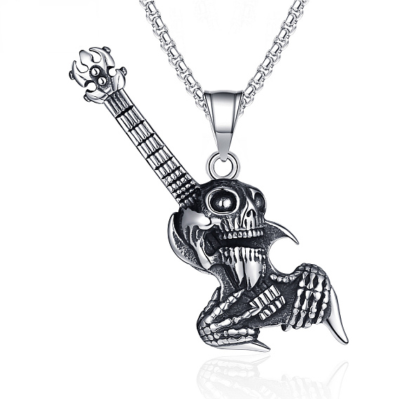 Halloween 304 Collares con colgante de calavera de guitarra de acero inoxidable para hombre