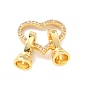 Rack Plating Brass Micro Pave Clear Cubic Zirconia Fold Over Clasps, Cadmium Free & Lead Free, Long-Lasting Plated, Heart