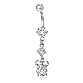 Piercing Jewelry, Brass Cubic Zirciona Navel Ring, Belly Rings, with 304 Stainless Steel Bar, Lead Free & Cadmium Free, Bowknot