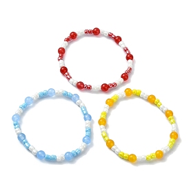 3Pcs 3 Colors Three Primary Color Series Glass Seed Beads Stretch Bead Bracelets, with Natural & Dyed Malaysia Jade, Jewelry for Women