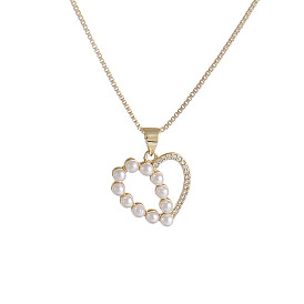Copper Plated Gold Zircon Heart Pendant Necklace with Pearl Charm for Women