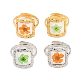 Square Epoxy Resin with Dry Flower Adjustable Rings, 316 Surgical Stainless Steel Ring