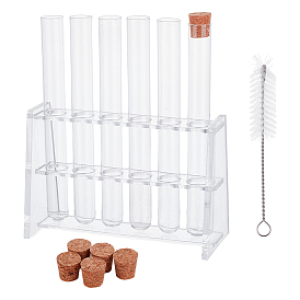 6 шт. прозрачные стеклянные пробирки, с пробками, для научных экспериментов, партийные украшения, хранение конфет, 1Стеклянные подставки для пробирок из поликарбоната, лабораторные принадлежности и 1 нейлоновая щетка для чистки ПК