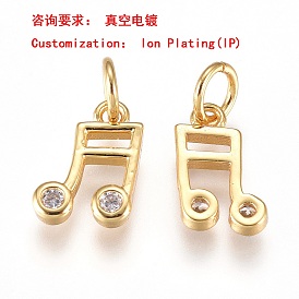 Breloques en laiton placage ionique (ip), avec zircone cubique transparente et anneaux de saut, charme de note de musique