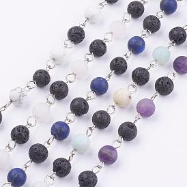 Natural Gemstone Handmade Beaded Chains, Unwelded, with Iron Eye Pin and Lava Rock Beads, Platinum