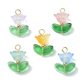 Glass Pendant, with Golden Alloy Loops, Flower Charms