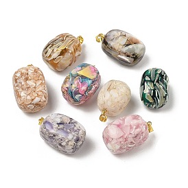 Подвески из прозрачной эпоксидной смолы, с кусочками ракушек и золотыми латунными держателями для колки льда, прямоугольные