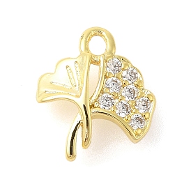 Rack Plating Brass Micro Pave Cubic Zirconia Charms, Long-Lasting Plated, Lead Free & Cadmium Free, Leaf