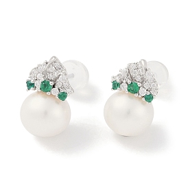 Natural Pearl Ear Studs, with Sterling Silver Micro Pave Cubic Zirconia Findings, Round