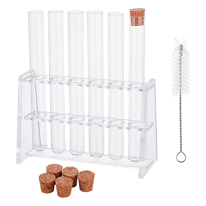 6 шт. прозрачные стеклянные пробирки, с пробками, для научных экспериментов, партийные украшения, хранение конфет, 1Стеклянные подставки для пробирок из поликарбоната, лабораторные принадлежности и 1 нейлоновая щетка для чистки ПК