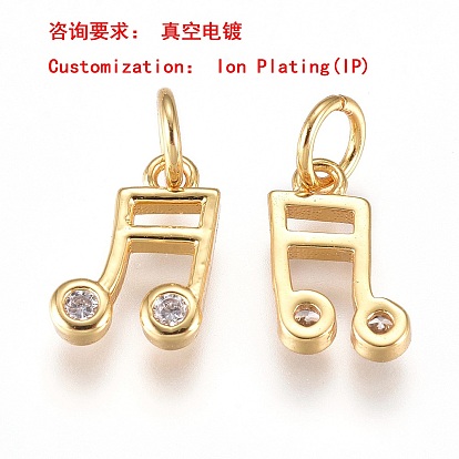 Breloques en laiton placage ionique (ip), avec zircone cubique transparente et anneaux de saut, charme de note de musique