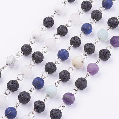 Natural Gemstone Handmade Beaded Chains, Unwelded, with Iron Eye Pin and Lava Rock Beads, Platinum