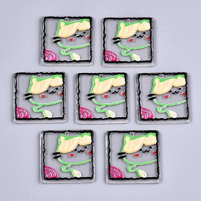 Transparent Acrylic Pendants, 3D Printed, Square with Cat Pattern