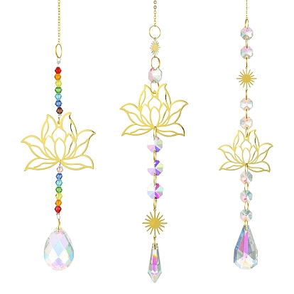 3шт. латунные подвесные украшения в виде лотоса, стеклянные подвески-ловушки для солнца в форме капли для украшения сада