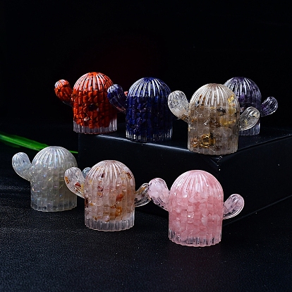 Resin Cactus Display Decoration, with Gemstone Chips inside Statues for Home Office Decorations
