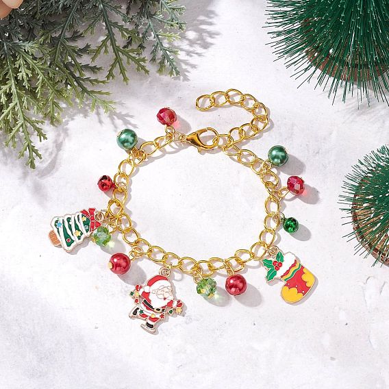 Рождественские браслеты с подвесками из эмали из сплава, Браслеты с круглыми подвесками из латуни с вакуумным покрытием PVD и стеклянным жемчугом, с цинковым сплавом застежками омаров коготь
