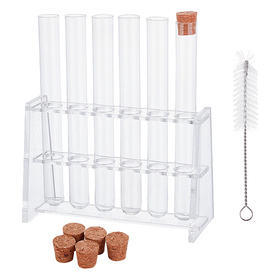 6 шт. прозрачные стеклянные пробирки, с пробками, для научных экспериментов, партийные украшения, хранение конфет, 1Стеклянные подставки для пробирок из поликарбоната, лабораторные принадлежности и 1 нейлоновая щетка для чистки ПК