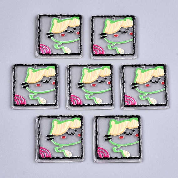 Transparent Acrylic Pendants, 3D Printed, Square with Cat Pattern