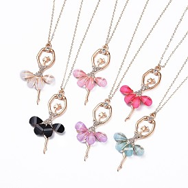 Alloy Resin Pendant Necklaces, with Rhinestone and Real 18K Gold Plated Brass Cable Chains, Ballet Girl