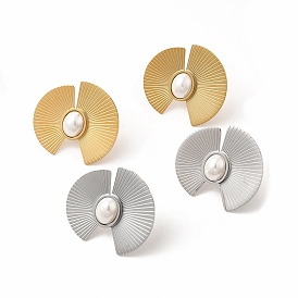 Fan Ion Plating(IP) 304 Stainless Steel Stud Earrings, Plastic Imitation Pearl Earrings for Women