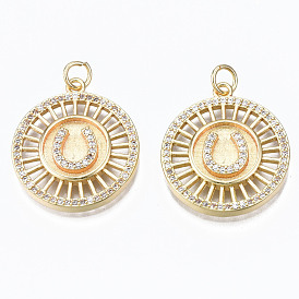 Brass Micro Pave Clear Cubic Zirconia Pendants, with Jump Rings, Nickel Free, Flat Round with Horse Shoe