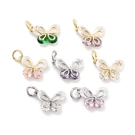 Brass Micro Pave Cubic Zirconia Pendants, Butterfly, with Jump Ring, Real 18K Gold Plated/Platinum