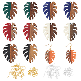 Kits de fabrication de boucles d'oreilles pendantes en bois de noyer, 12 pcs 6 couleurs feuille résine & pendentifs en bois de noyer, crochets et anneaux de saut en laiton