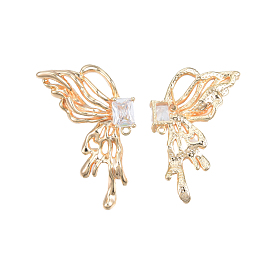 Brass Pave Clear Cubic Zirconia Butterfly Stud Earring Findings, with Horizontal Loops, Cadmium Free & Nickel Free & Lead Free