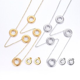304 Stainless Steel Jewelry Sets, Necklaces and Stud Earrings, with Hollow, Flat Round