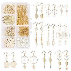 Наборы для самостоятельного изготовления сережек-подвесок из листьев и жемчуга, нитки стеклянных жемчужных бусин и оправы для бусин из сплава, латунные крючки для серег, прыгающие кольца, булавки и звенья