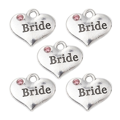 Wedding Theme Antique Silver Tone Tibetan Style Heart with Bride Rhinestone Charms, Cadmium Free & Lead Free