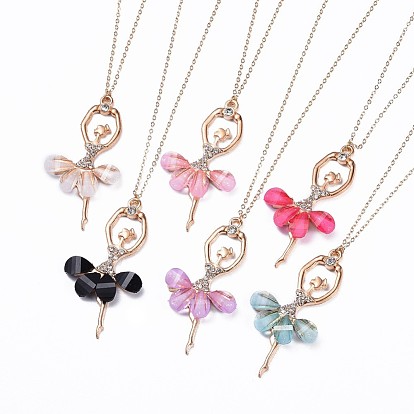 Alloy Resin Pendant Necklaces, with Rhinestone and Real 18K Gold Plated Brass Cable Chains, Ballet Girl