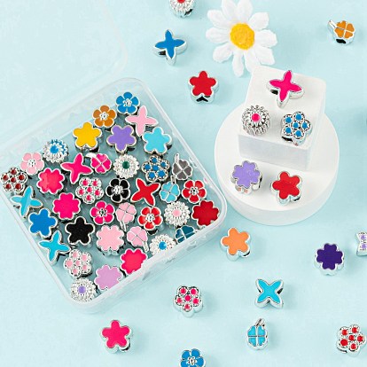 70Pcs 7 Style Flowers & Plants Series UV Plating Acrylic European Beads, with Enamel, Large Hole Beads, Clover & Letter X & Flower & Flower with Concave Dots