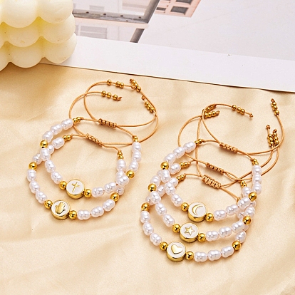 Plastic Imitation Pearl & Alloy Enamel Braided Bead Bracelets, Adjustable Bracelet