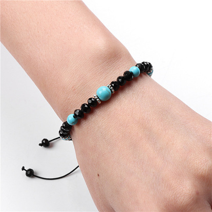 Natural Turquoise Beaded Bracelet with Adjustable Black Onyx and Cut Faceted Stones for Men