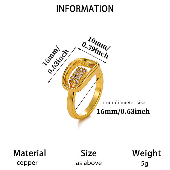 Регулируемые латунные кольца-манжеты с микропаве из прозрачных кубических цирконий для женщин., овальные, широкая полоса кольца