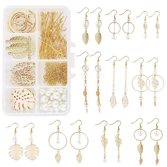 Наборы для самостоятельного изготовления сережек-подвесок из листьев и жемчуга, нитки стеклянных жемчужных бусин и оправы для бусин из сплава, латунные крючки для серег, прыгающие кольца, булавки и звенья