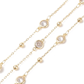 Clear Cubic Zirconia Flat Round Link Chains, with Brass Satellite Chains, Soldered, with Spools, Cadmium Free & Lead Free