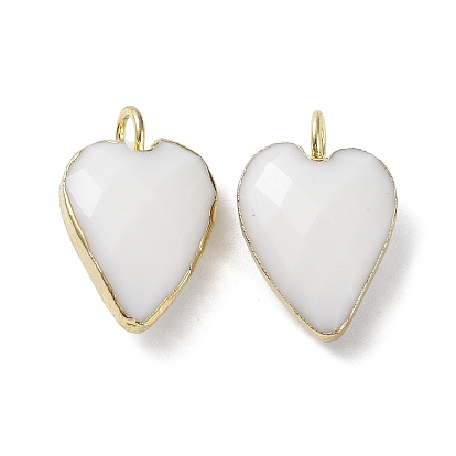 Glass Pendants, with Golden Plated Brass Edge Loops, Faceted, Heart Charms