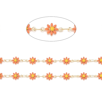 Brass Daisy Flower & Oval Link Chains, with Enamel & Spool, Soldered, Real 18K Gold Plated
