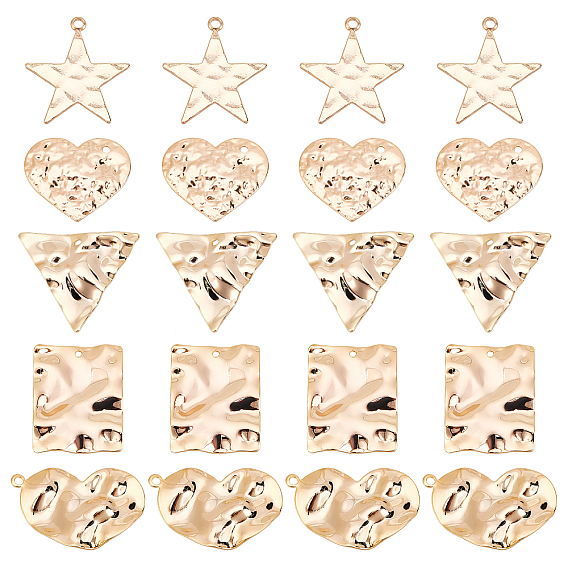 20Pcs 5 Style Brass Pendants, Star & Heart & Triangle & Rectangle