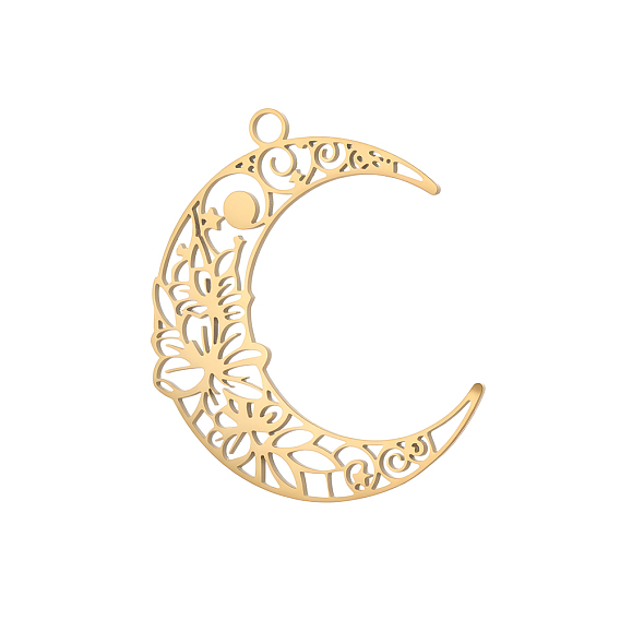 Полые 304 из нержавеющей стали кулоны, луна с цветочным шармом, долговечный, ионное покрытие (ip)