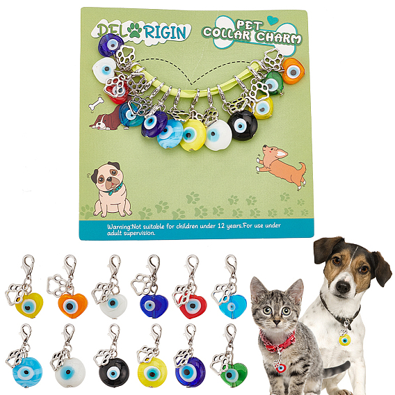 12Шт сердце/плоский круглый с украшениями кулон лэмпворк сглаза, подвески из клешней лобстера, подвески на клипсах, подвески в виде кошачьих лап, для украшения домашних животных