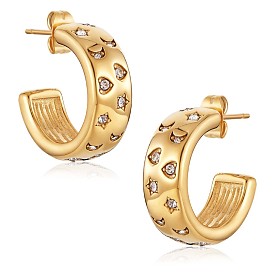 Clear Cubic Zirconia Moon Star Heart Stud Earrings, 430 Stainless Steel Half Hoop Earrings for Women