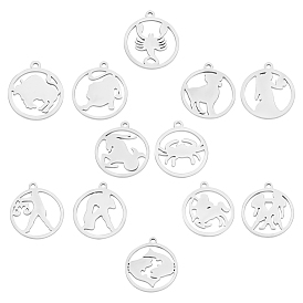 12 pcs 201 pendentifs en acier inoxydable, rond plat avec constellation 12