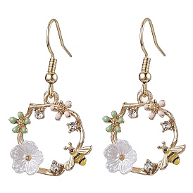 Alloy Enamel Dangle Earring, with Rhinestone with Acrylic and 304 Stainless Steel Earring Hooks, Flower with Bees