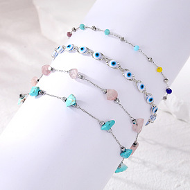 Colorful Natural Stone Bracelet with Evil Eye Charm - Ethnic Style Jewelry