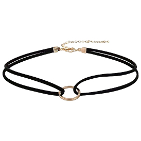1Pc Alloy Ring Double Layer Faux Suede Cord Choker Necklaces for Women, Golden