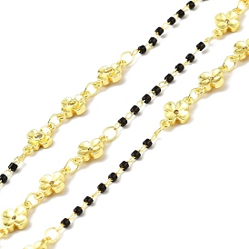 Handmade Eco-friendly Brass Flower Link Chains with Clear Cubic Zirconia, with Glass Column Beaded, Long-Lasting Plated, Golden, Soldered, with Spool